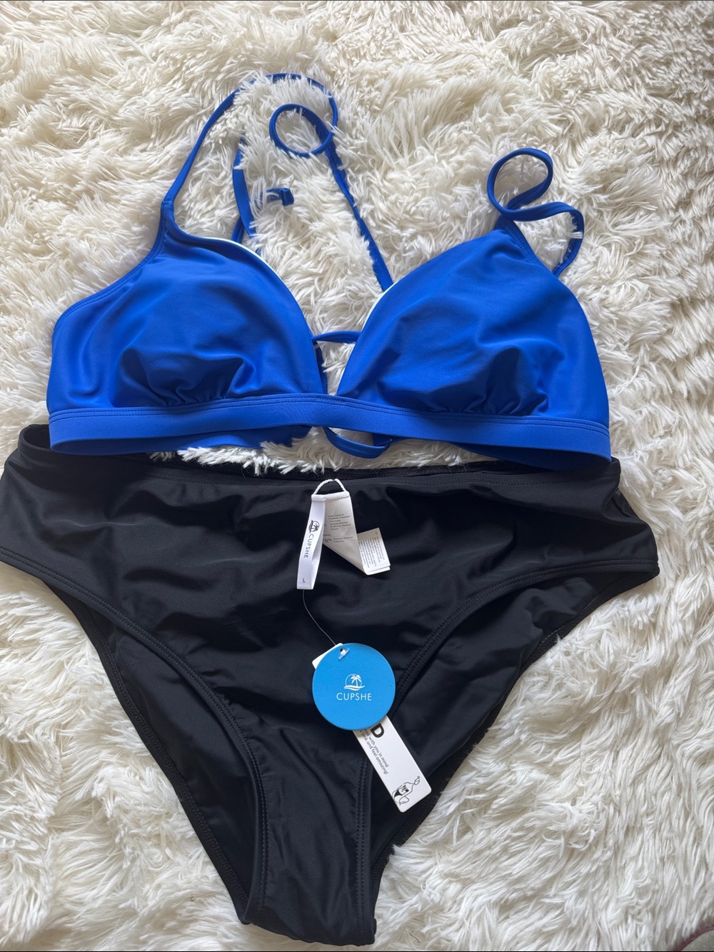Cupshe Royal Blue Triangle Bikini Top with Black High-Waist Bottoms